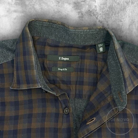 Z Zegna Mens Plaid and Solid Contrasting Drop 8 Fit  Button Up Shirt  38/15 - Picture 2 of 6